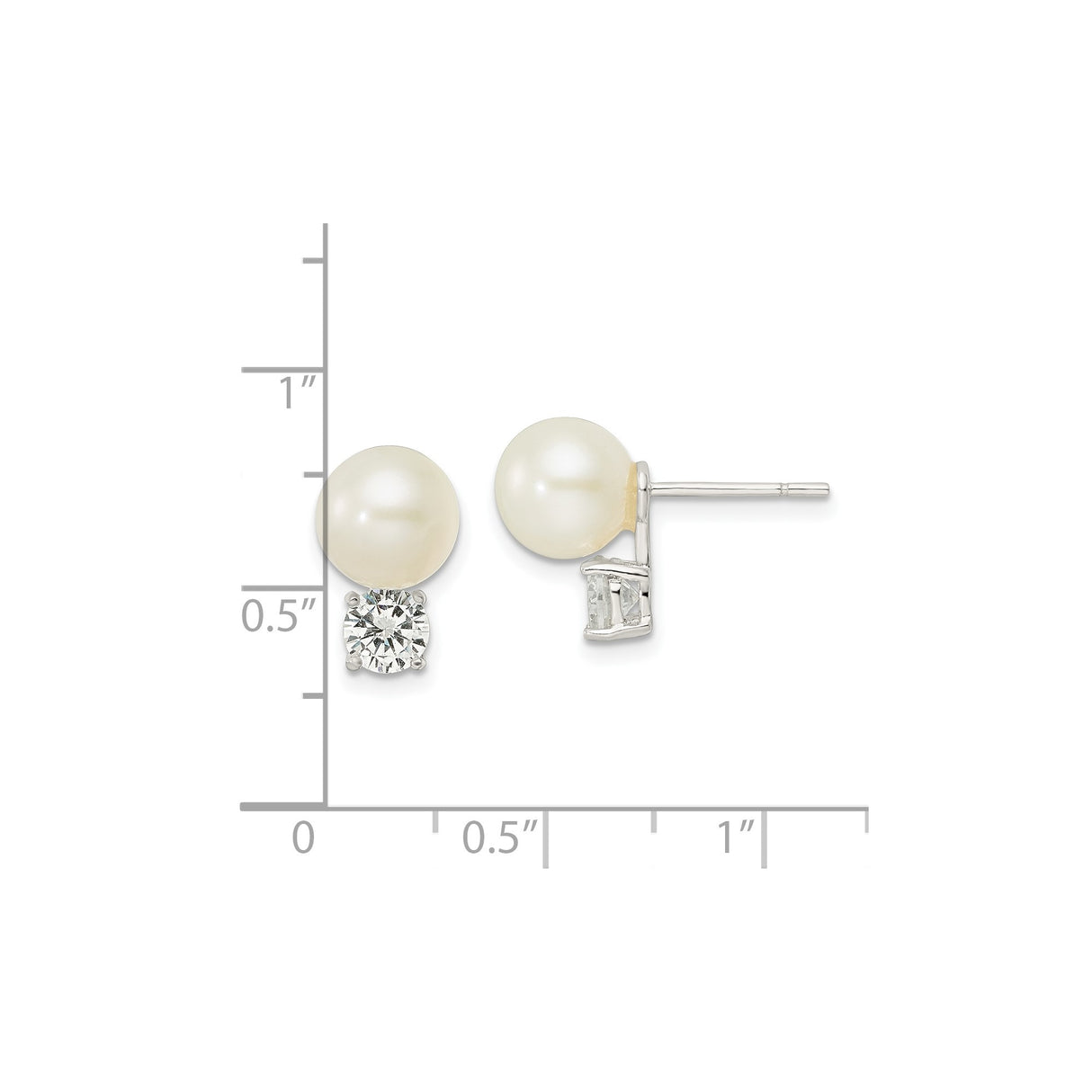 Sterling Silver Pearl Stud Earrings with Round White Cultured Pearls and Cubic Zirconia