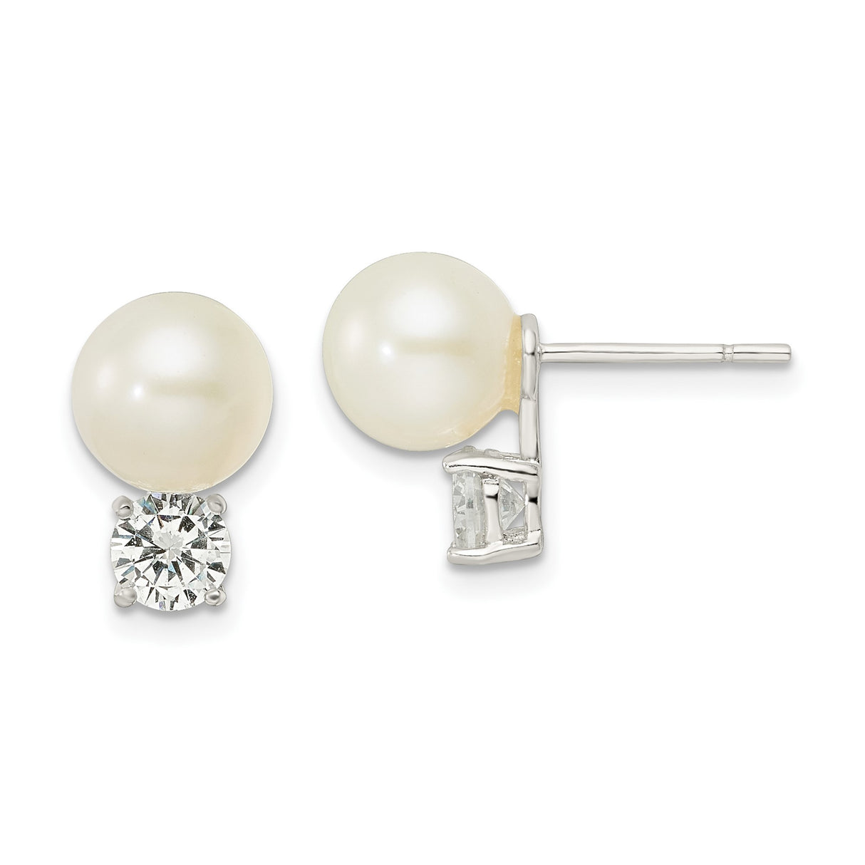 Sterling Silver Pearl Stud Earrings with Round White Cultured Pearls and Cubic Zirconia