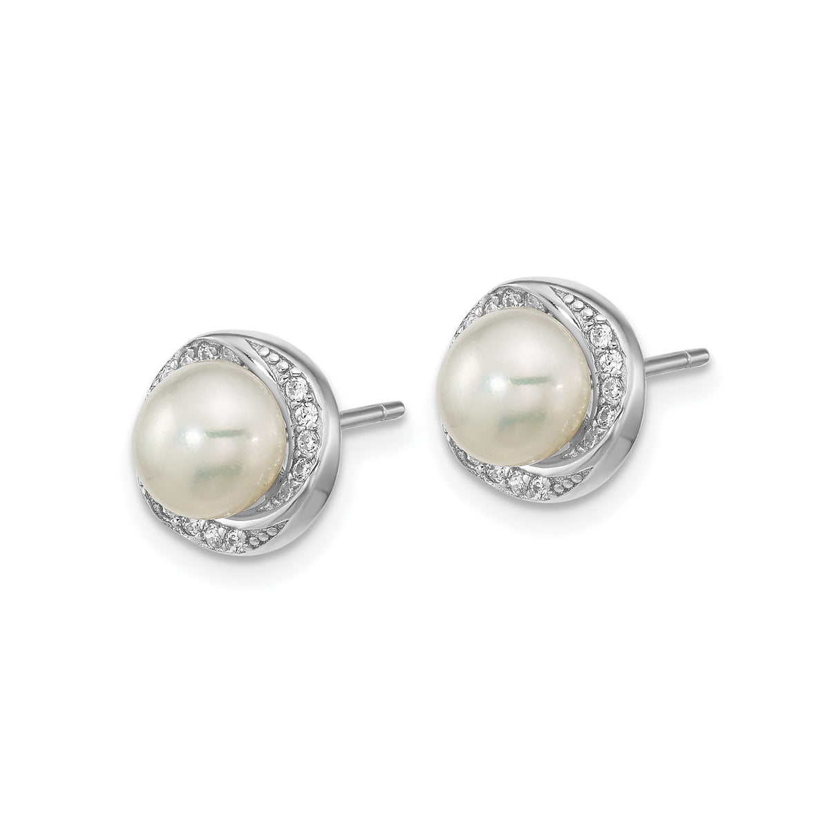 Sterling Silver Pearl Stud Earrings with Cubic Zirconia Swirl Design for Women