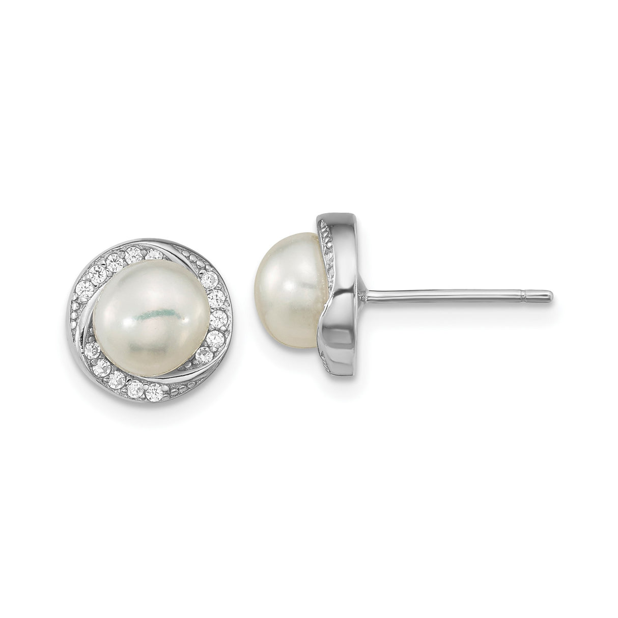 Sterling Silver Pearl Stud Earrings with Cubic Zirconia Swirl Design for Women
