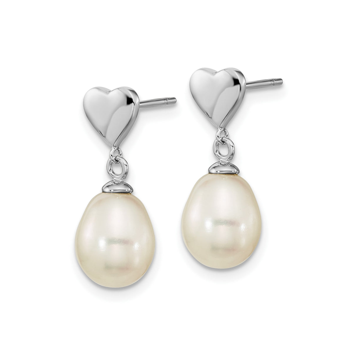 Sterling Silver Drop Earrings with Freshwater Pearls and Heart Tops, Cubic Zirconia Accents