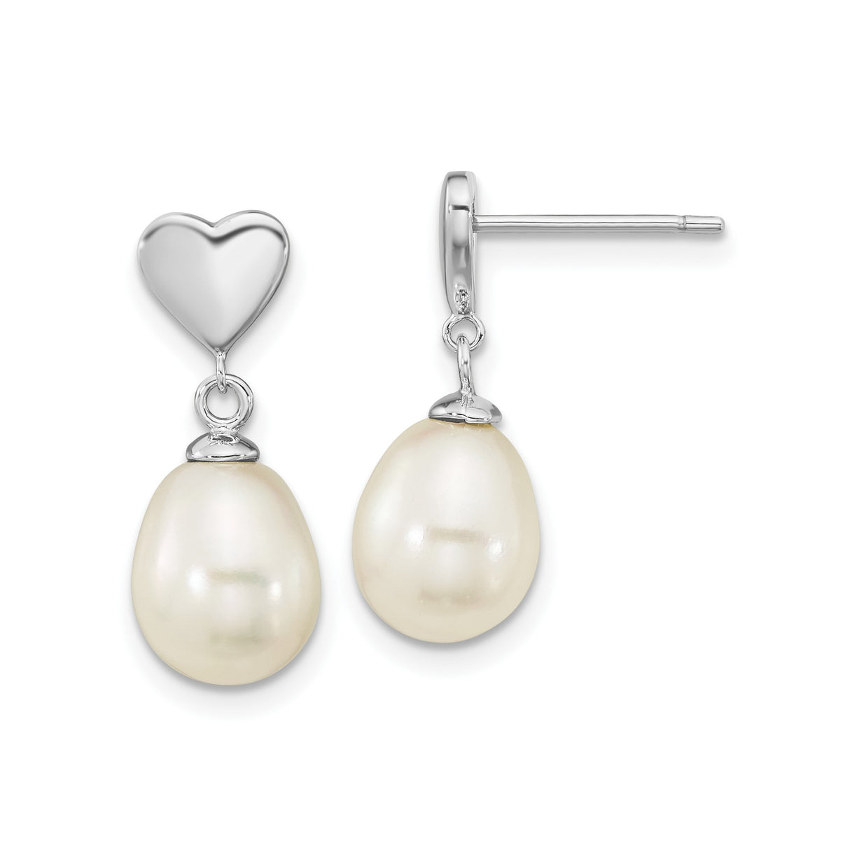 Sterling Silver Drop Earrings with Freshwater Pearls and Heart Tops, Cubic Zirconia Accents