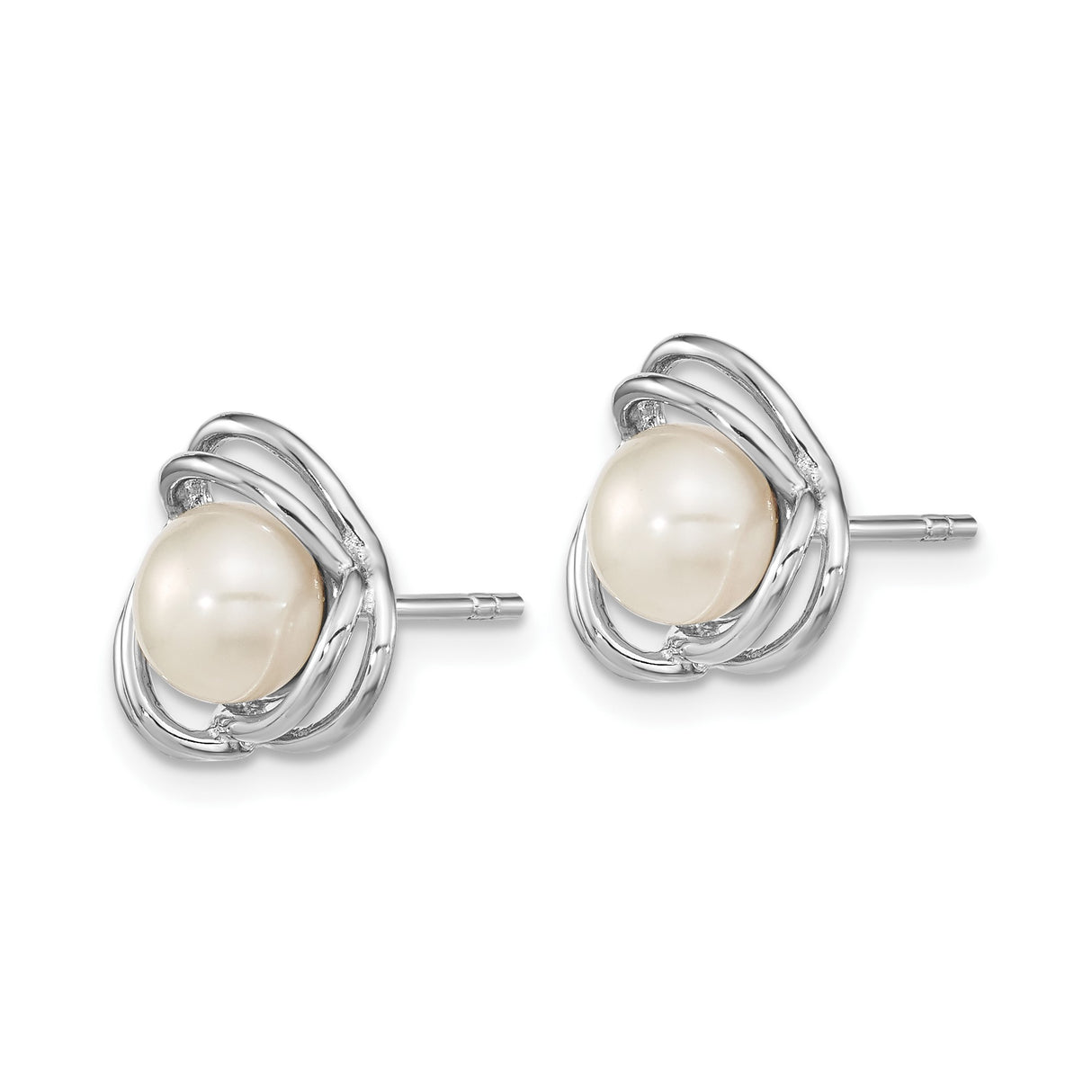 Sterling Silver Pearl Stud Earrings with White Button Pearls in Open Swirl Design