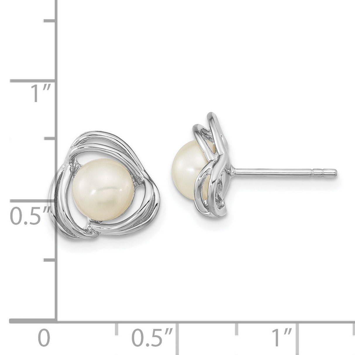 Sterling Silver Pearl Stud Earrings with White Button Pearls in Open Swirl Design