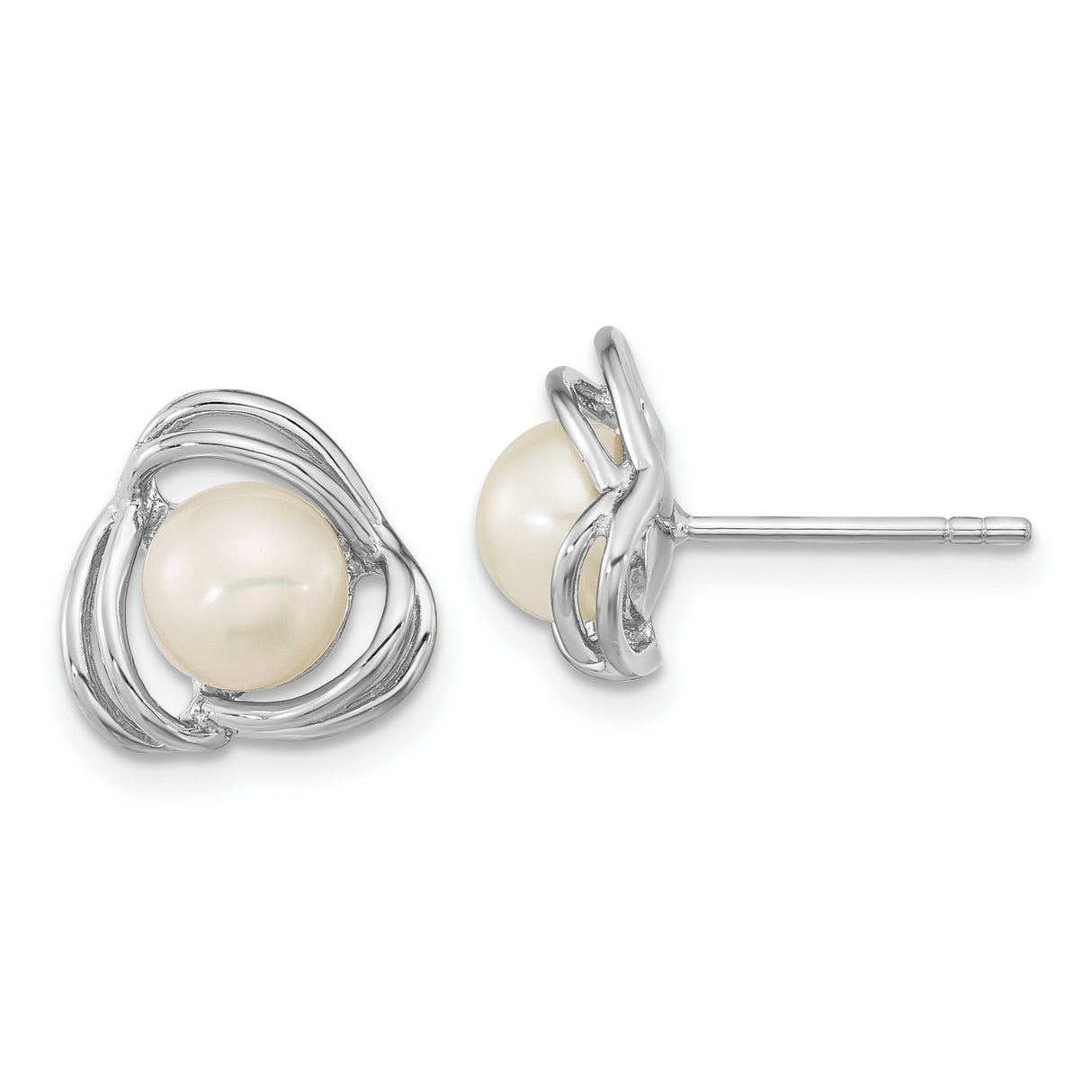 Sterling Silver Pearl Stud Earrings with White Button Pearls in Open Swirl Design