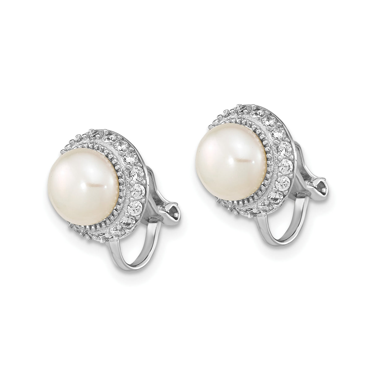 Sterling Silver Clip-On Earrings with Round White Pearls and Cubic Zirconia Halo Design
