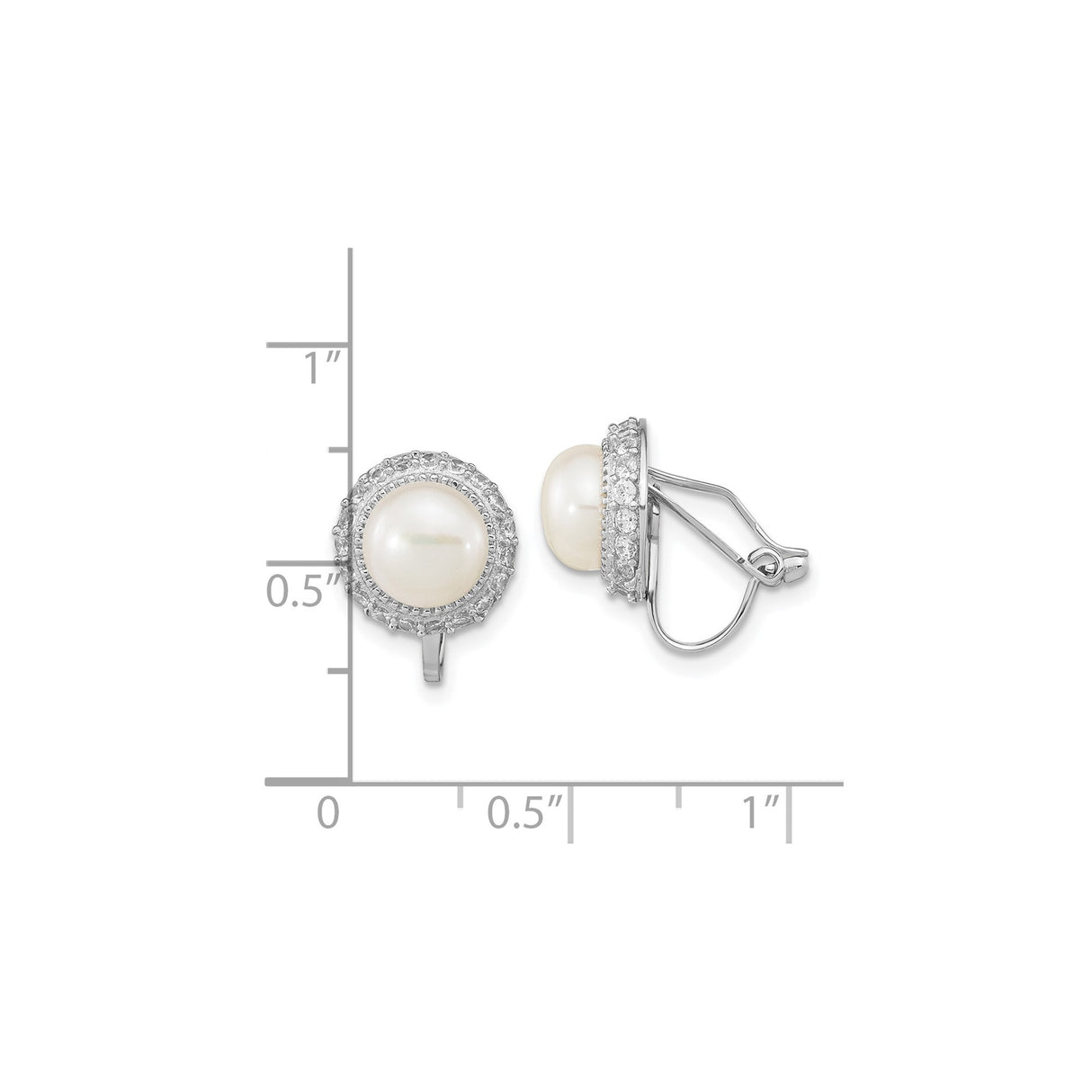 Sterling Silver Clip-On Earrings with Round White Pearls and Cubic Zirconia Halo Design
