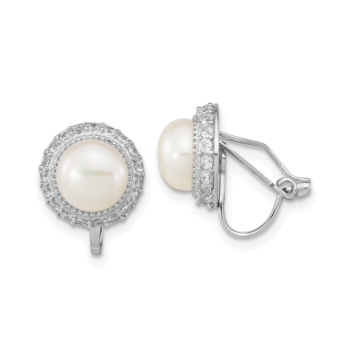 Sterling Silver Clip-On Earrings with Round White Pearls and Cubic Zirconia Halo Design