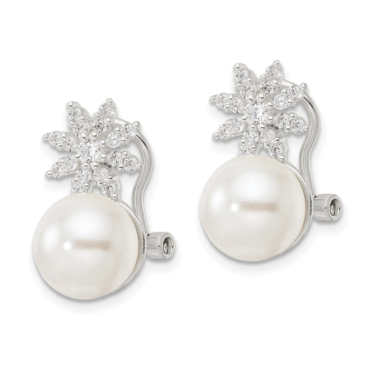 Sterling Silver Pearl Stud Earrings with Snowflake Cubic Zirconia Cluster