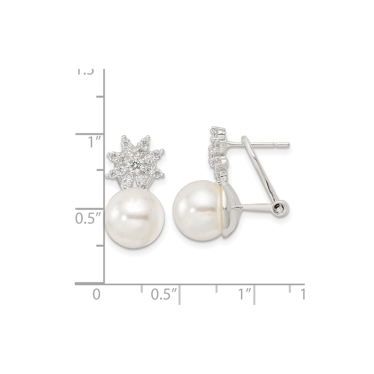 Sterling Silver Pearl Stud Earrings with Snowflake Cubic Zirconia Cluster