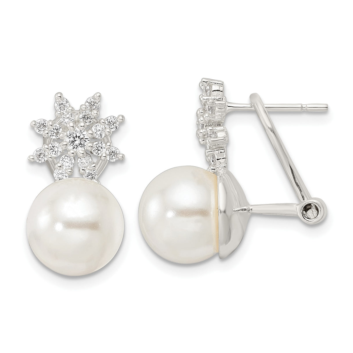 Sterling Silver Pearl Stud Earrings with Snowflake Cubic Zirconia Cluster