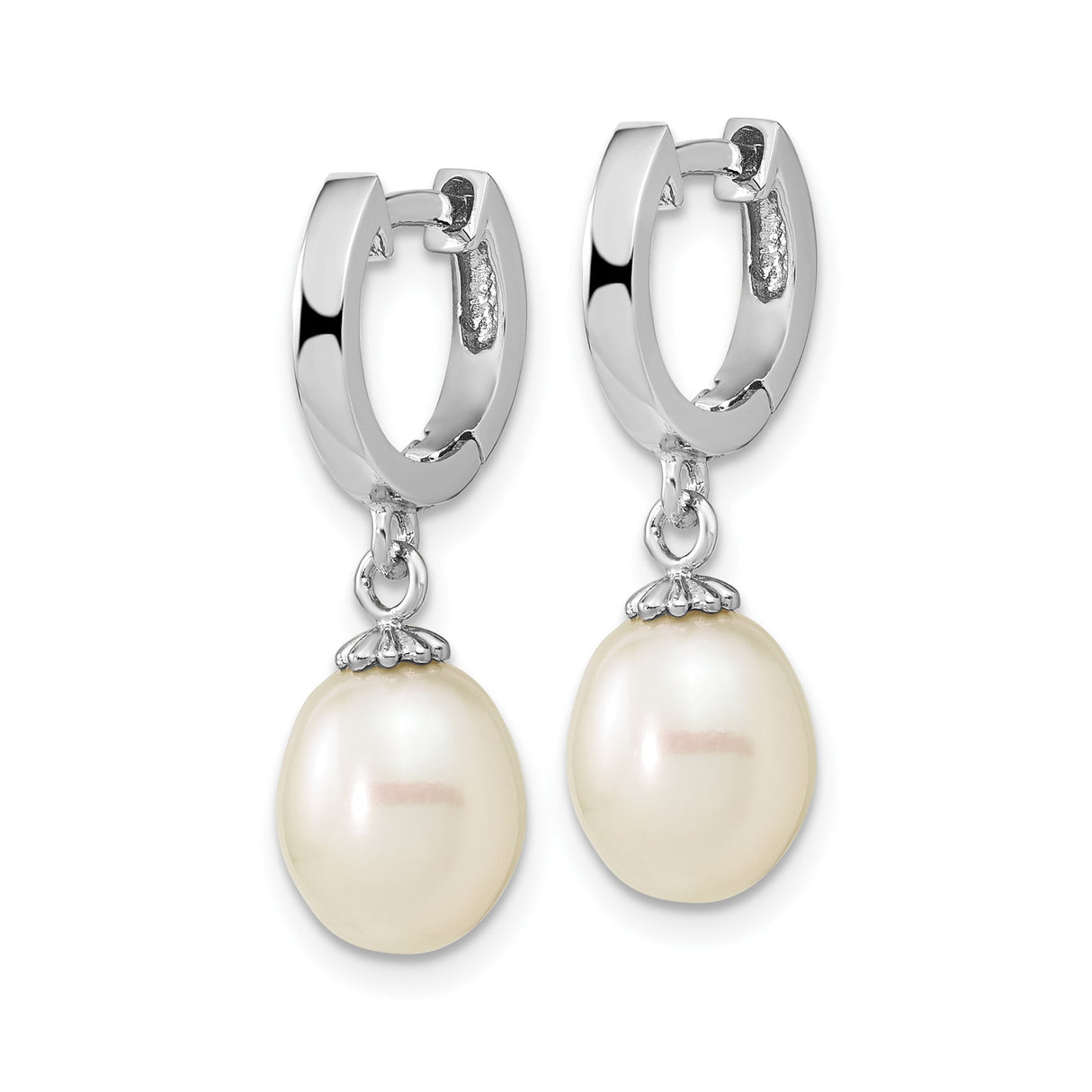Sterling Silver Dangle Earrings with Oval Freshwater Pearls and Decorative Caps