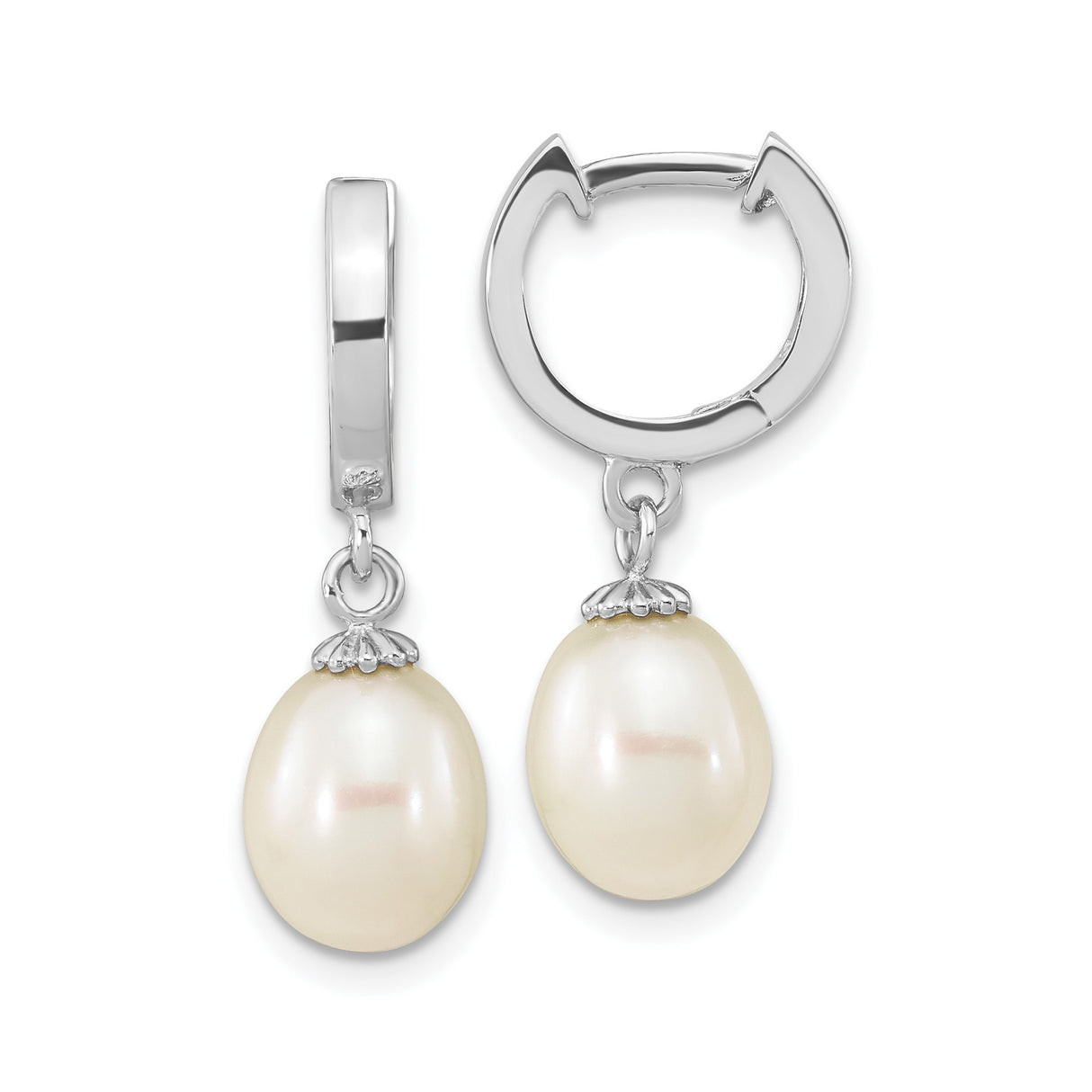 Sterling Silver Dangle Earrings with Oval Freshwater Pearls and Decorative Caps
