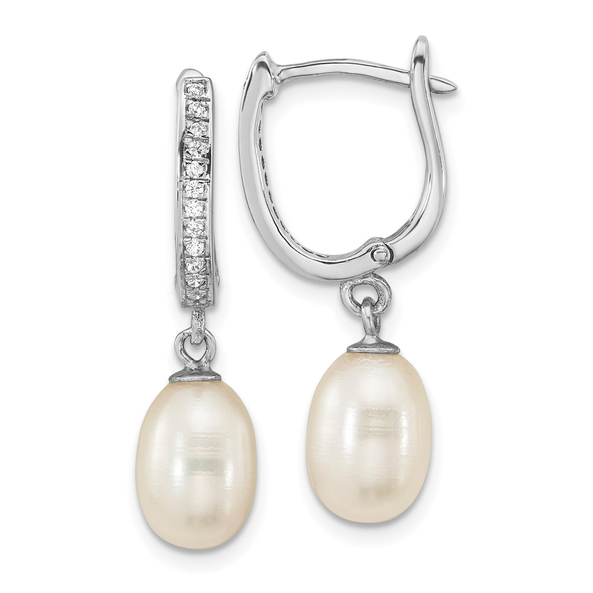 Sterling Silver Dangle Earrings with White Freshwater Cultured Pearl and Cubic Zirconia Accents