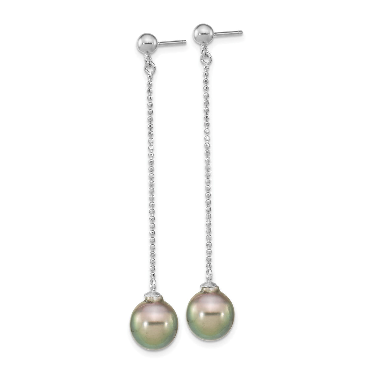 Sterling Silver Dangle Earrings with Iridescent Green and Purple Pearls, Minimalist Drop Style