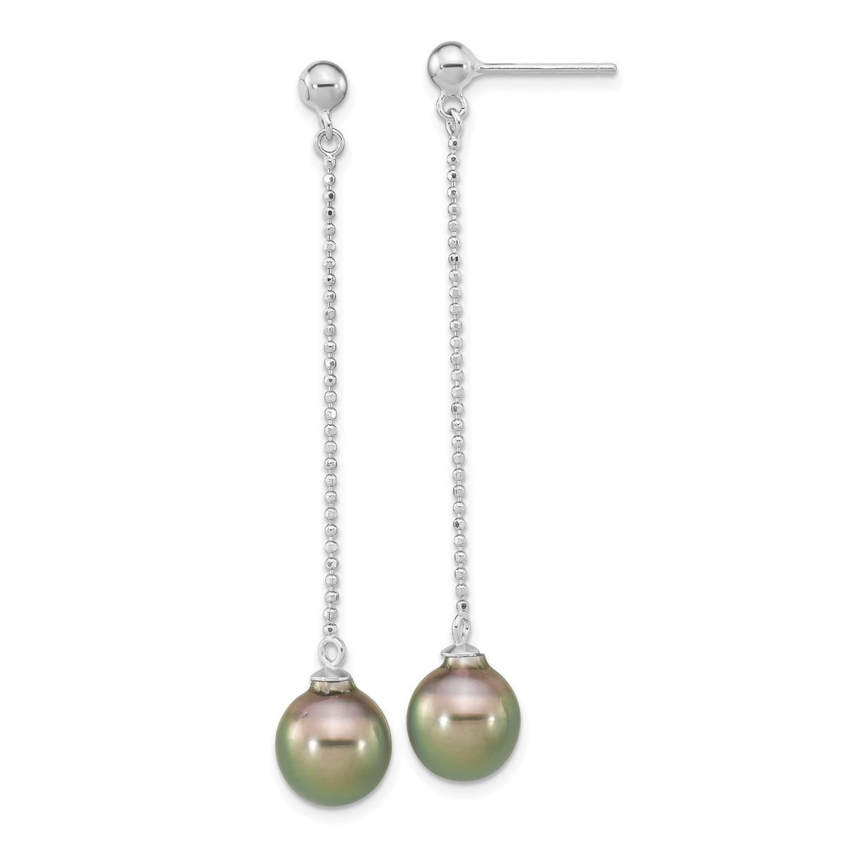 Sterling Silver Dangle Earrings with Iridescent Green and Purple Pearls, Minimalist Drop Style