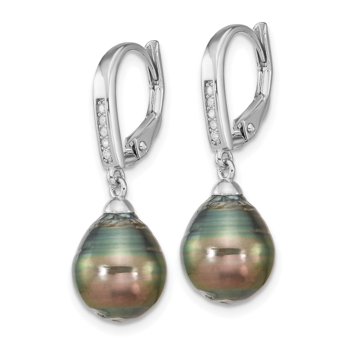 Sterling Silver Dangle Earrings with Black Tahitian Pearls and Cubic Zirconia Accents