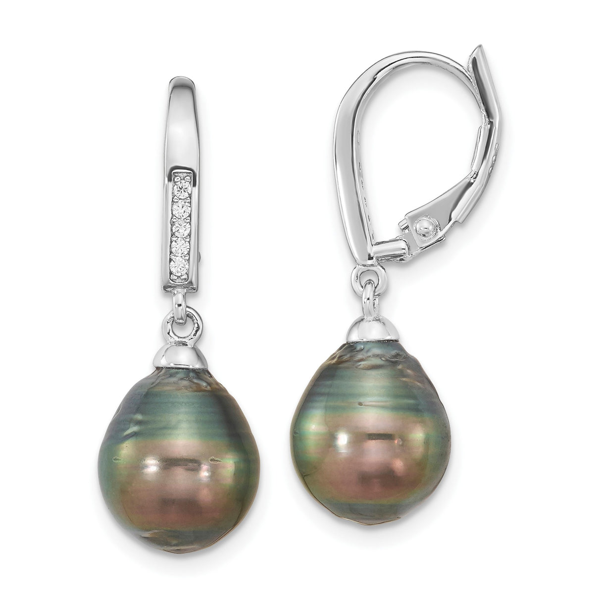Sterling Silver Dangle Earrings with Black Tahitian Pearls and Cubic Zirconia Accents