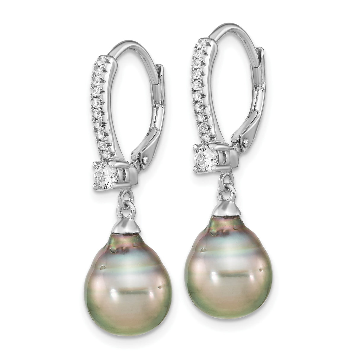 Sterling Silver Drop Earrings with Tahitian Pearls and Cubic Zirconia Leverbacks