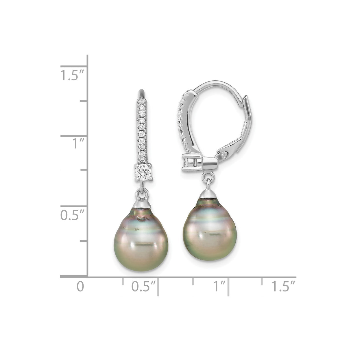 Sterling Silver Drop Earrings with Tahitian Pearls and Cubic Zirconia Leverbacks