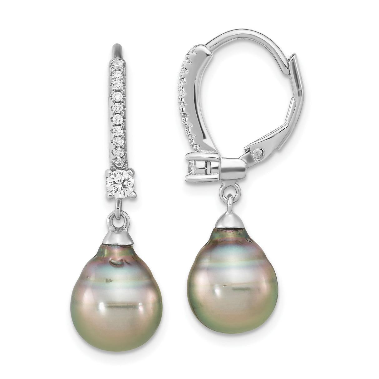 Sterling Silver Drop Earrings with Tahitian Pearls and Cubic Zirconia Leverbacks