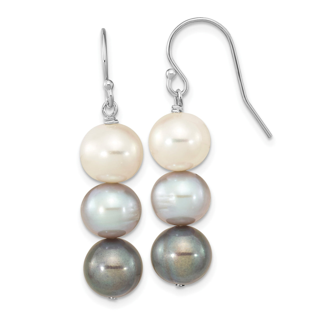 Sterling Silver Dangle Earrings with White, Gray, and Black Cultured Freshwater Pearls