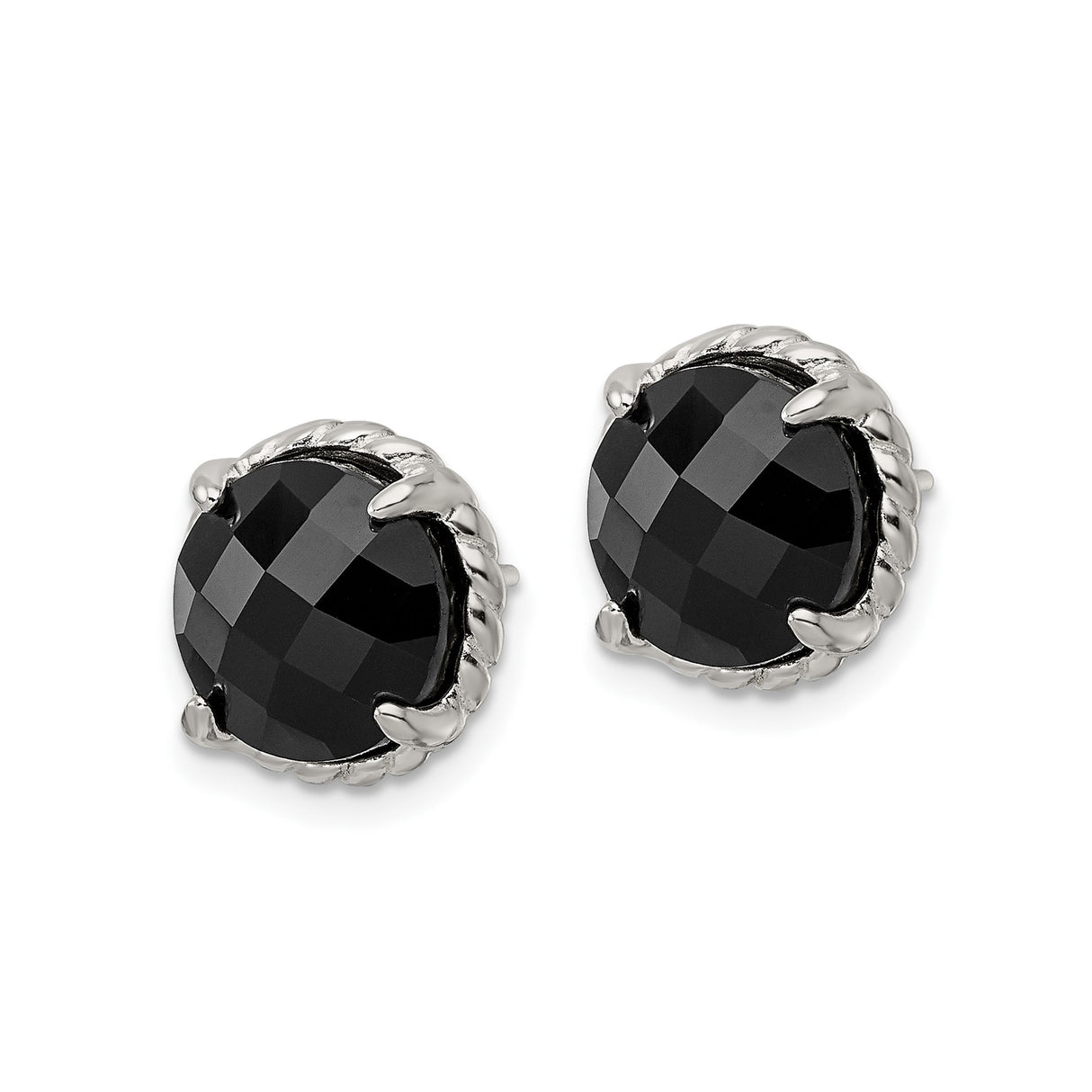Sterling Silver Stud Earrings with Faceted Black Onyx, Rope Edge Bezel Setting