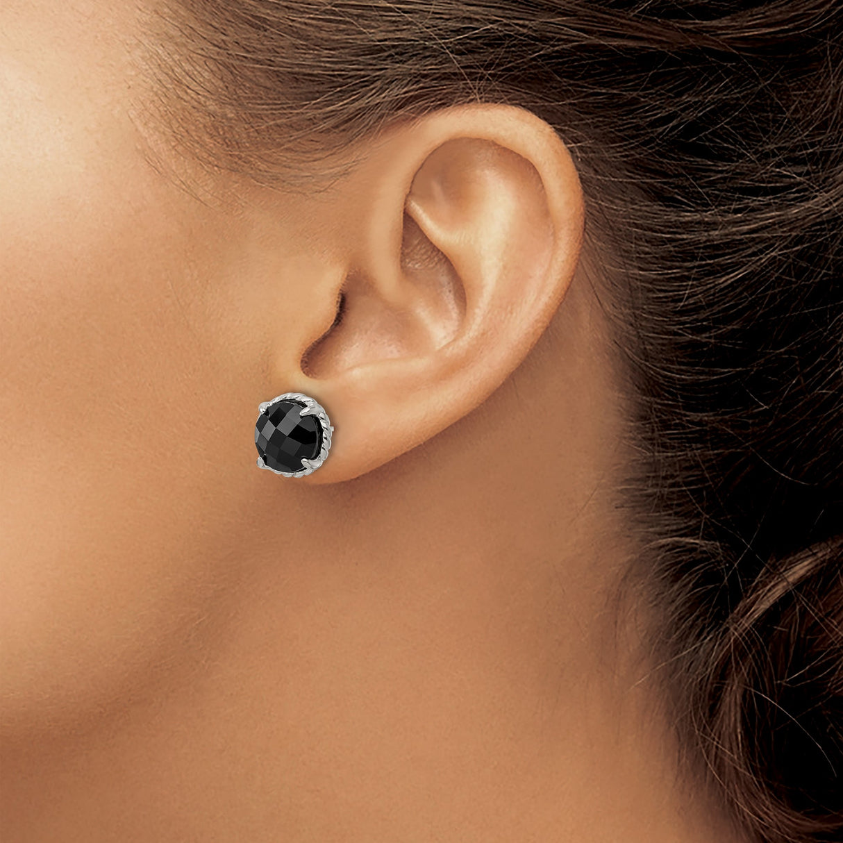Sterling Silver Stud Earrings with Faceted Black Onyx, Rope Edge Bezel Setting