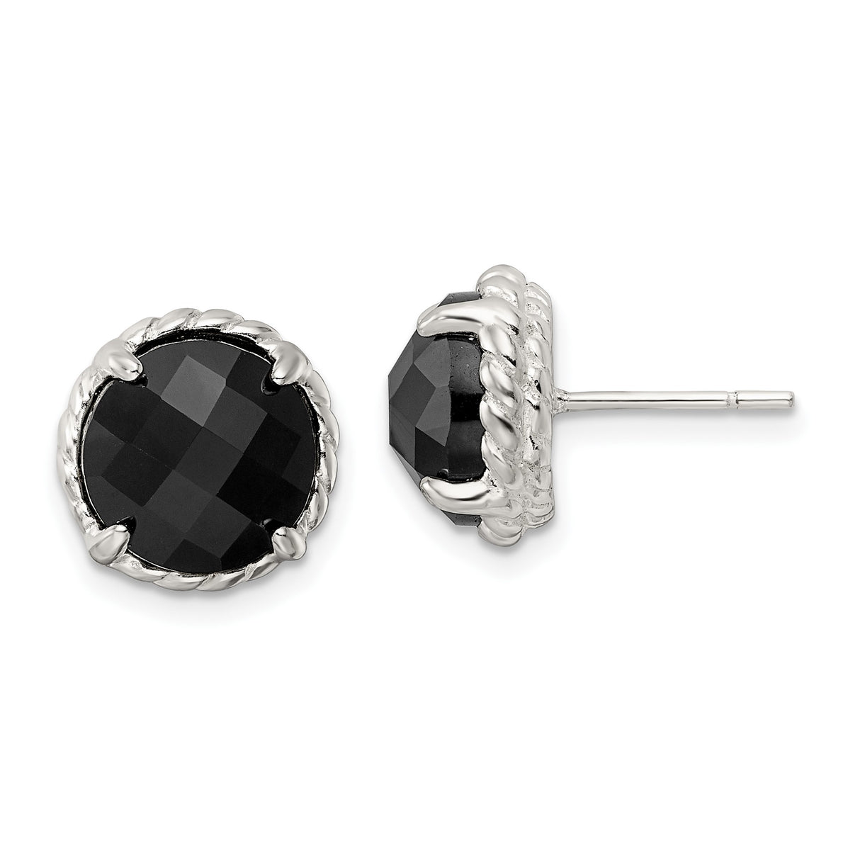 Sterling Silver Stud Earrings with Faceted Black Onyx, Rope Edge Bezel Setting