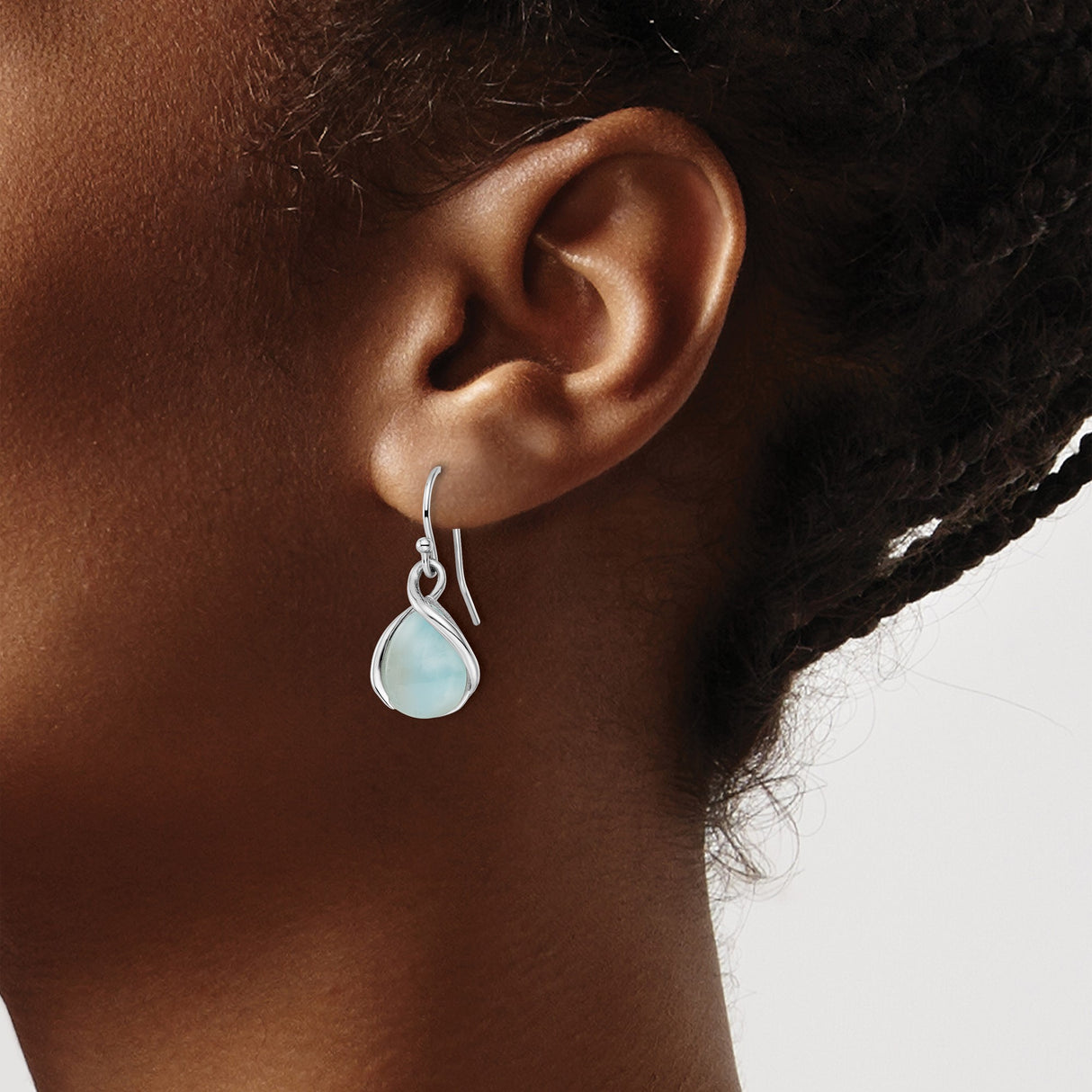 Sterling Silver Dangle Earrings with Larimar Teardrop and Twist Coastal Wave Design