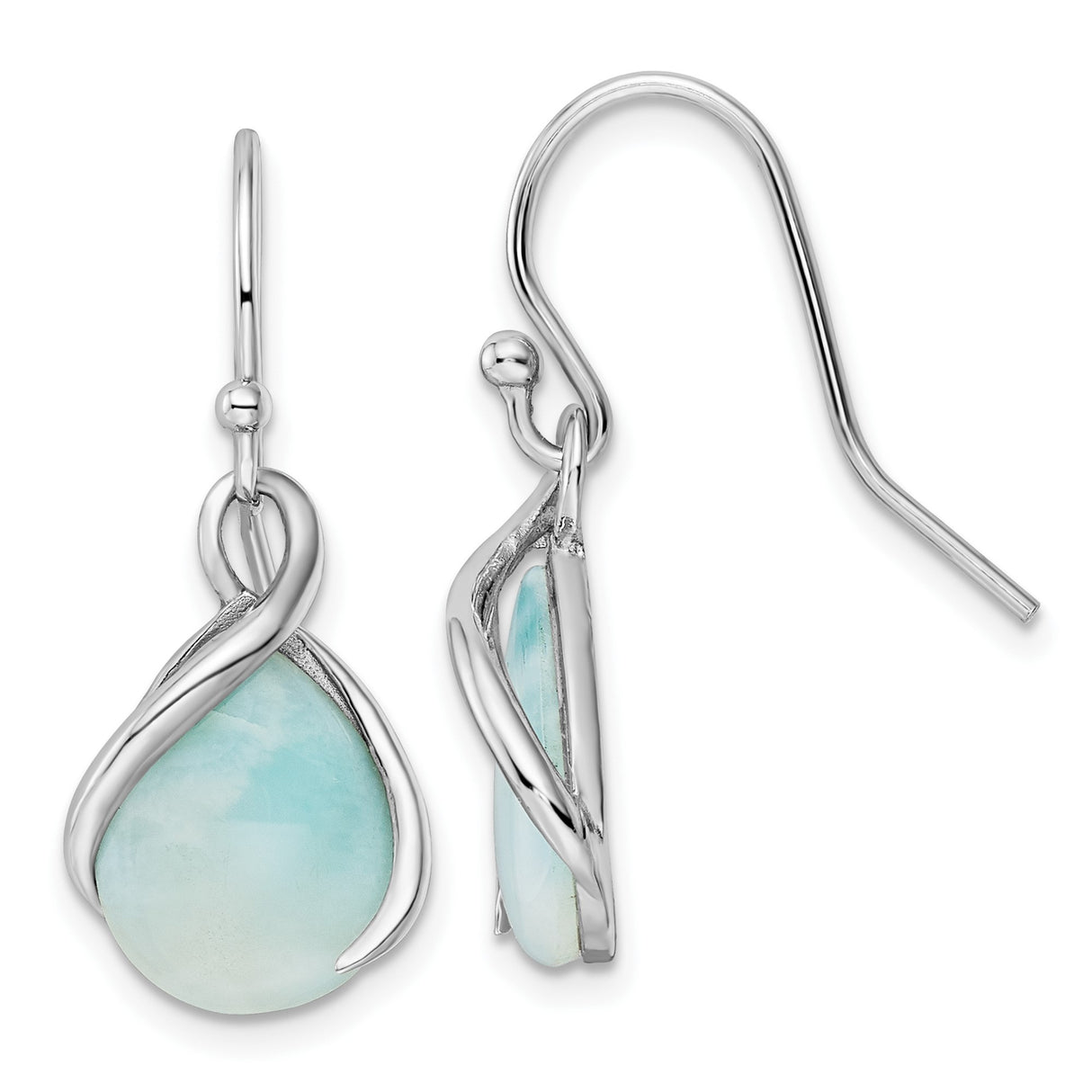 Sterling Silver Dangle Earrings with Larimar Teardrop and Twist Coastal Wave Design