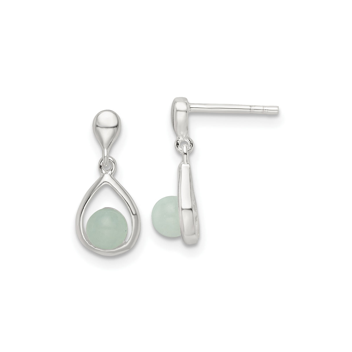 Sterling Silver Teardrop Earrings with Light Green Gemstone Bead, Modern Minimalist Design