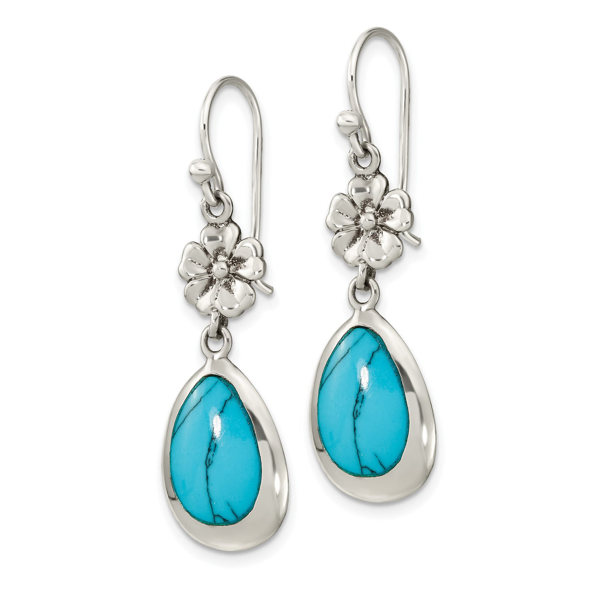 Sterling Silver Teardrop Dangle Earrings with Created Turquoise, Floral Boho Design