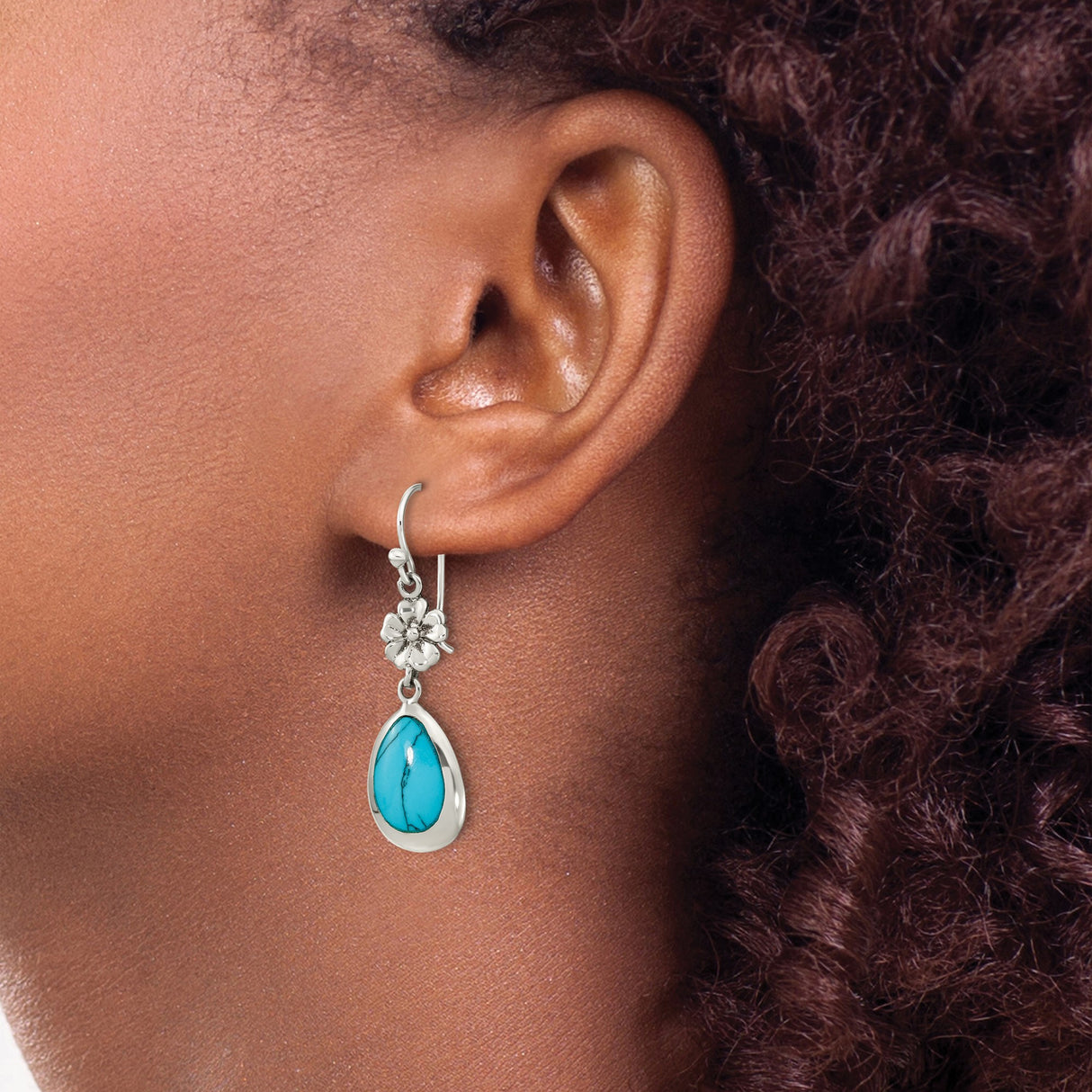 Sterling Silver Teardrop Dangle Earrings with Created Turquoise, Floral Boho Design