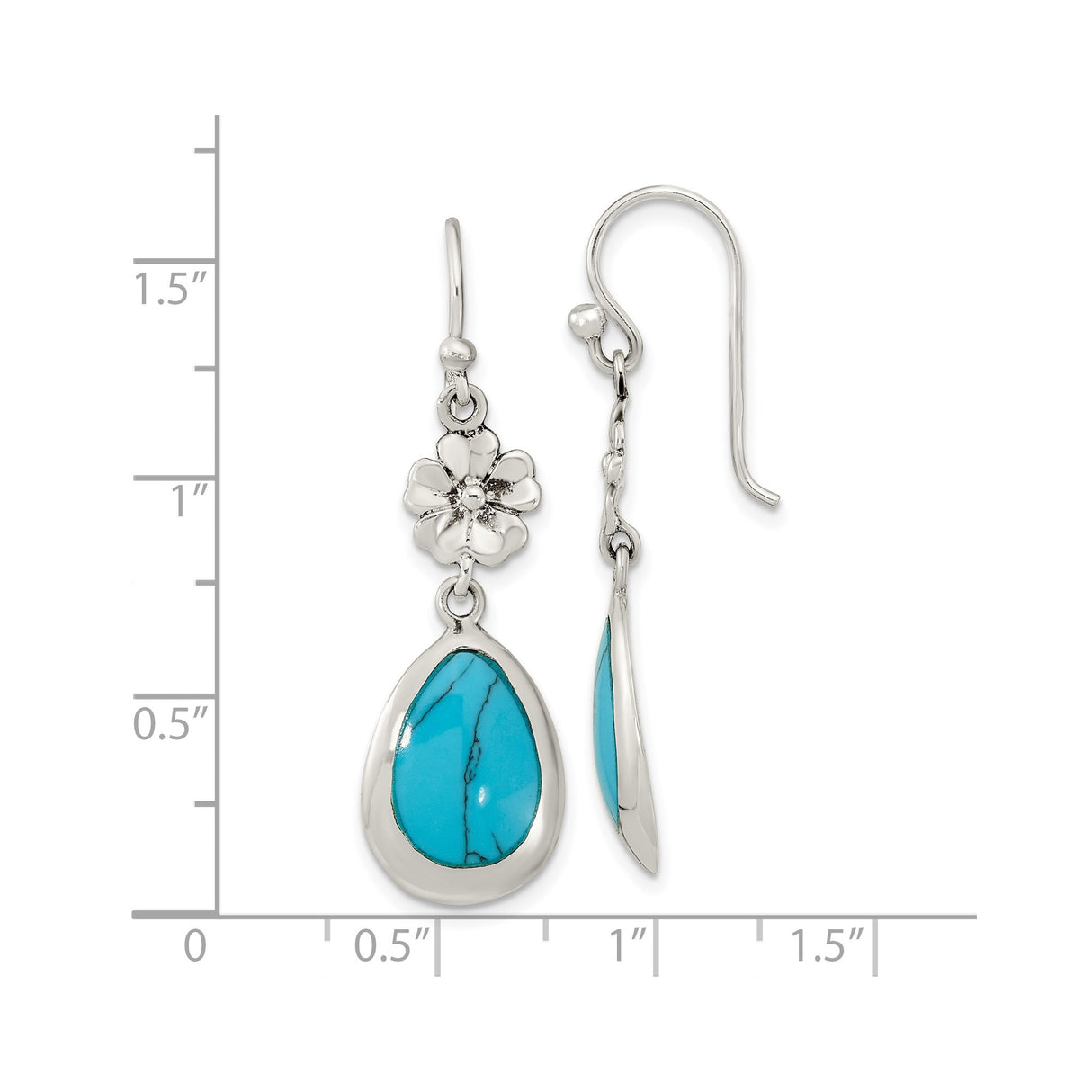 Sterling Silver Teardrop Dangle Earrings with Created Turquoise, Floral Boho Design