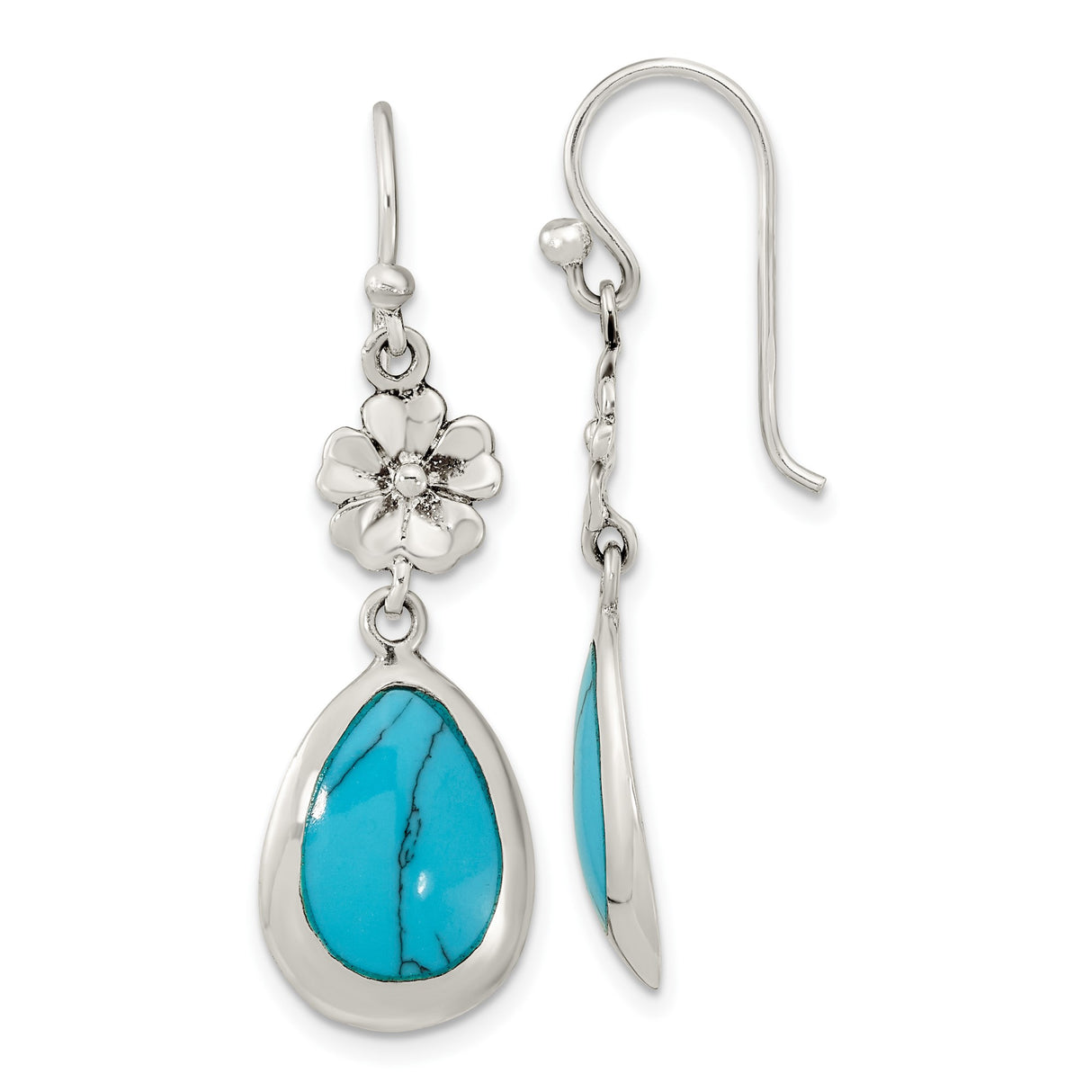 Sterling Silver Teardrop Dangle Earrings with Created Turquoise, Floral Boho Design