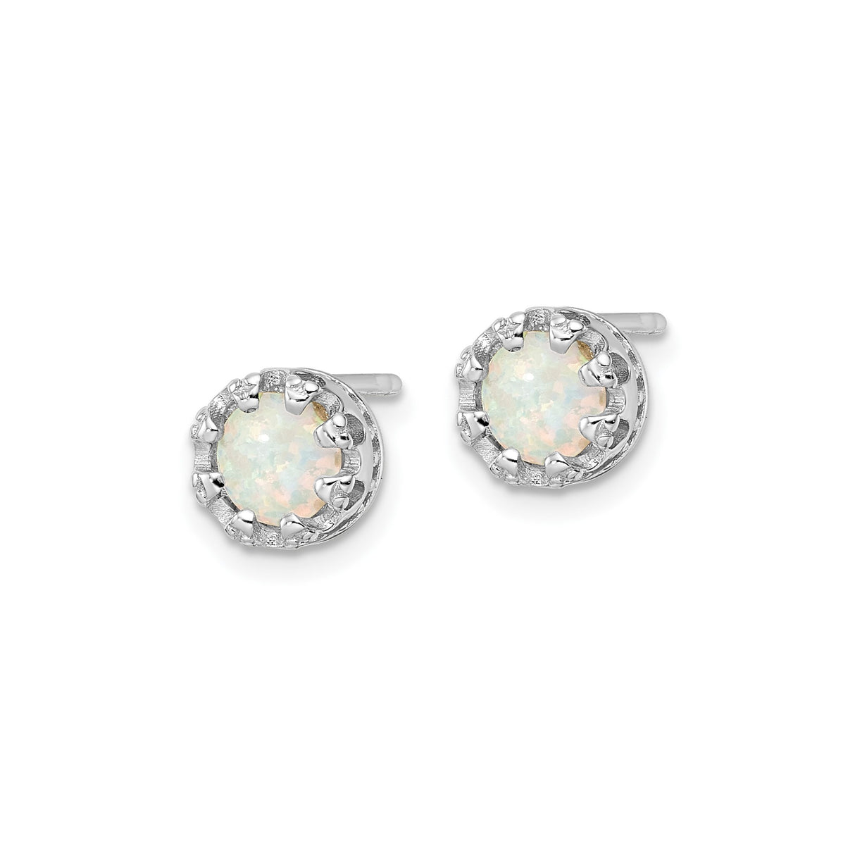 Sterling Silver Stud Earrings with Created Opal in Decorative Crown Bezel Setting
