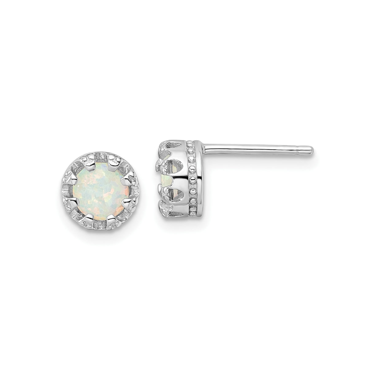 Sterling Silver Stud Earrings with Created Opal in Decorative Crown Bezel Setting