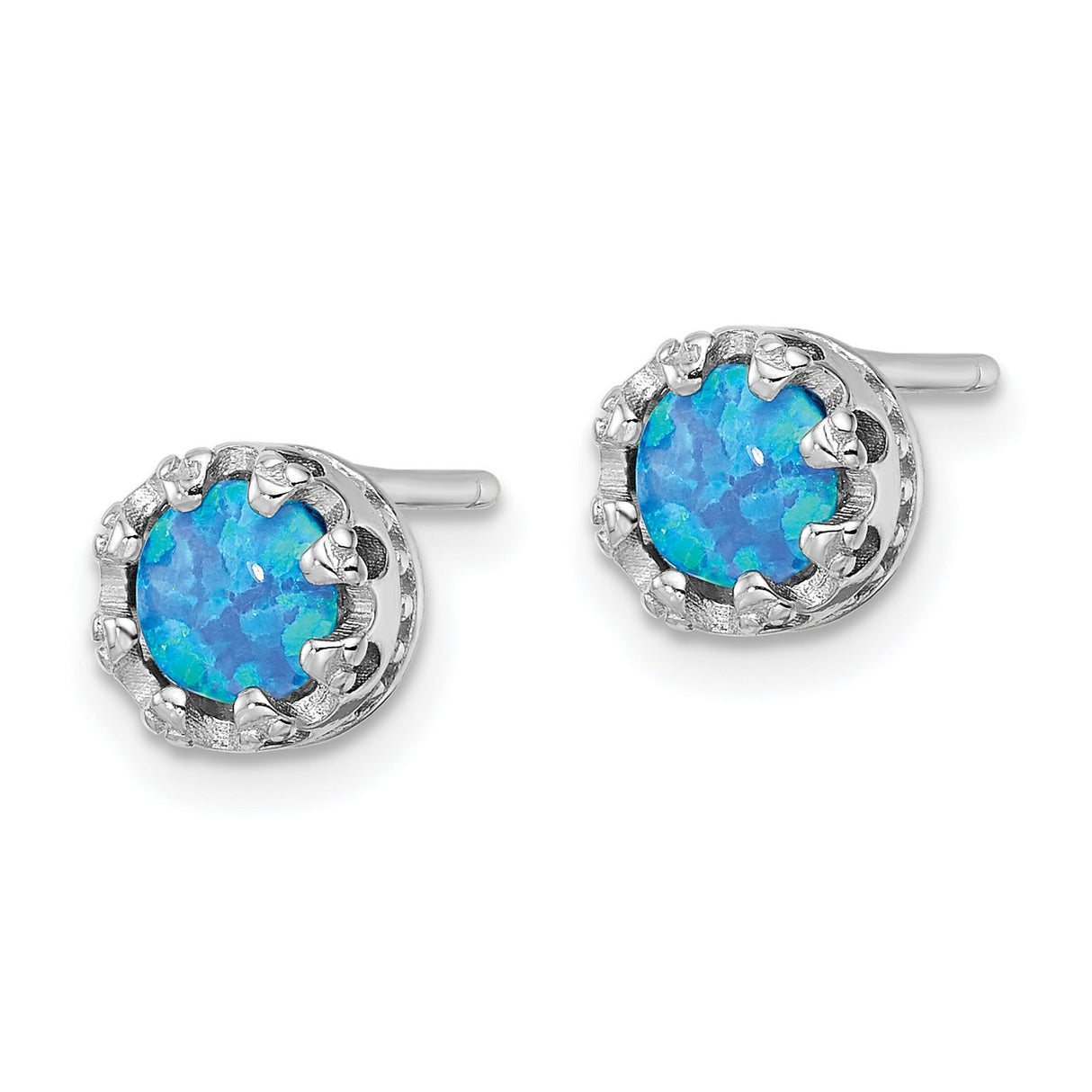 Sterling Silver Stud Earrings with Round Created Opal, Crown Prong Setting, Cutout Design