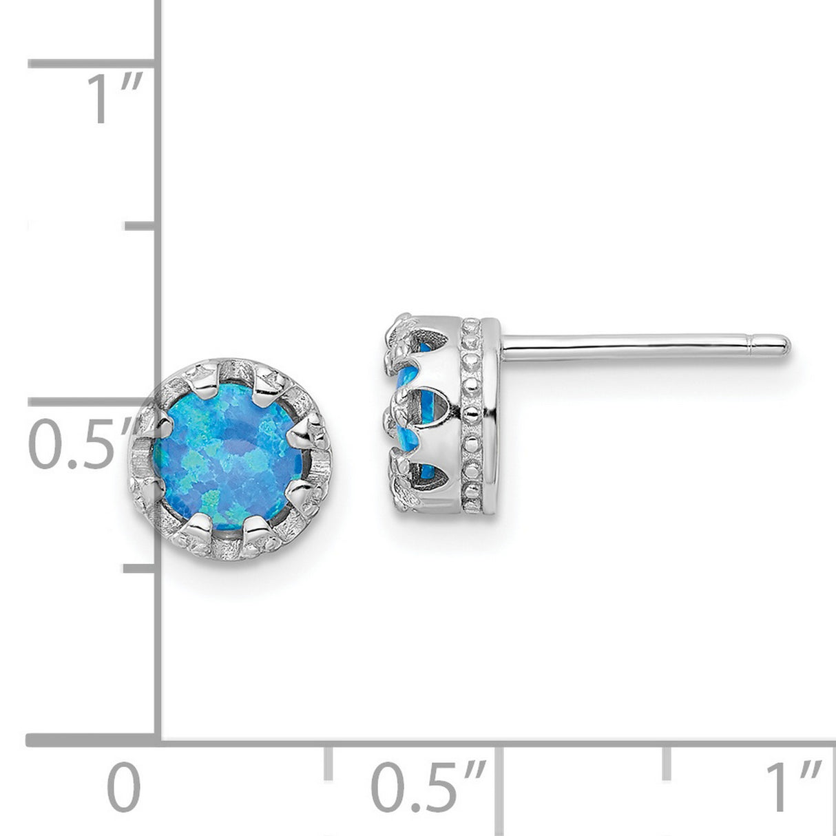Sterling Silver Stud Earrings with Round Created Opal, Crown Prong Setting, Cutout Design