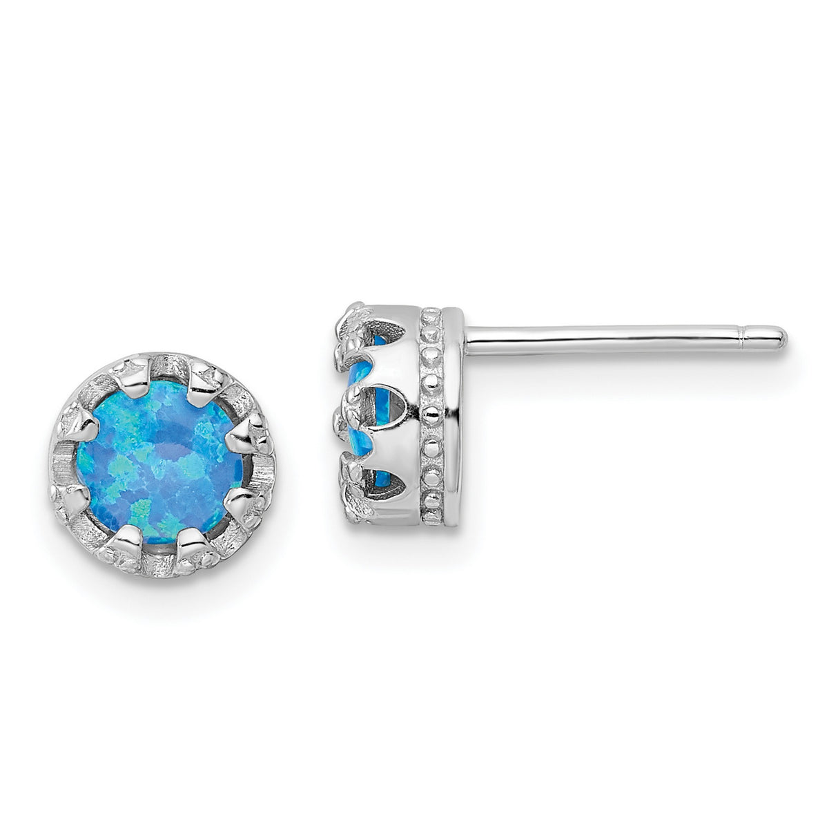 Sterling Silver Stud Earrings with Round Created Opal, Crown Prong Setting, Cutout Design
