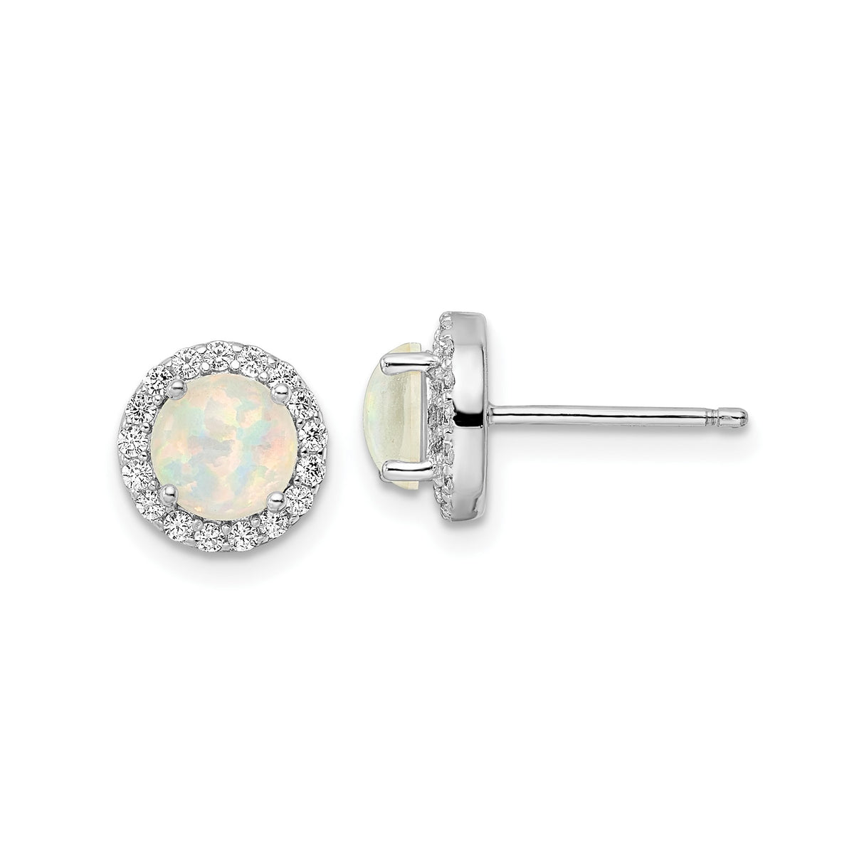 Sterling Silver Opal Stud Earrings with Created Opal and Cubic Zirconia Halo
