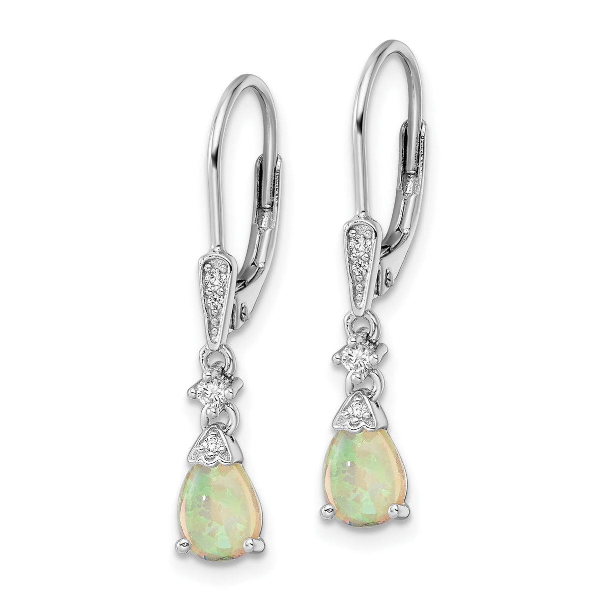 Sterling Silver Dangle Earrings with Pear Shaped Created Opal and Cubic Zirconia Accents