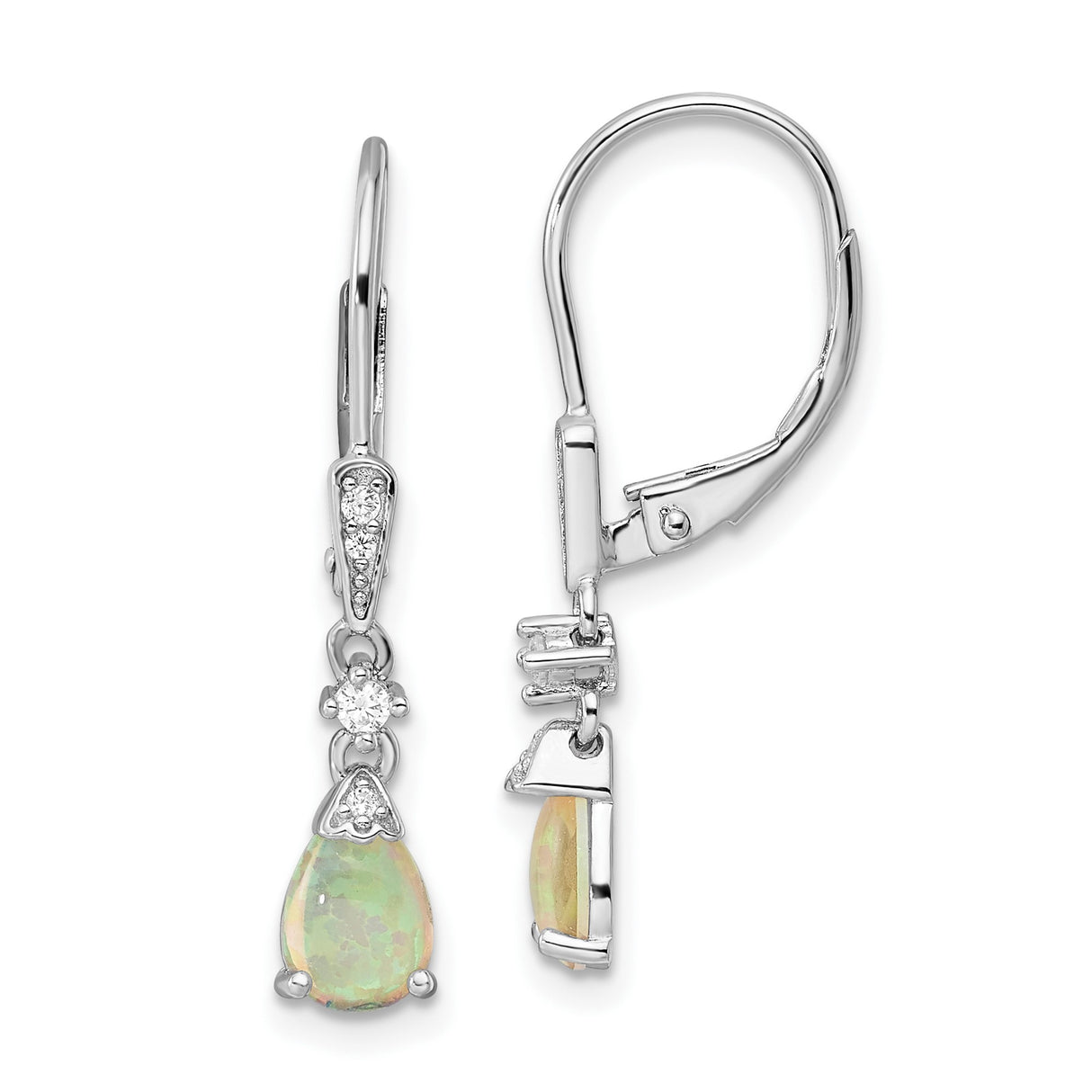 Sterling Silver Dangle Earrings with Pear Shaped Created Opal and Cubic Zirconia Accents