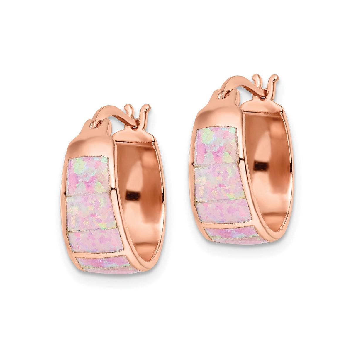 Sterling Silver Rose Gold Plated Hoop Earrings with Pink Created Opal, Segmented Minimalist Design
