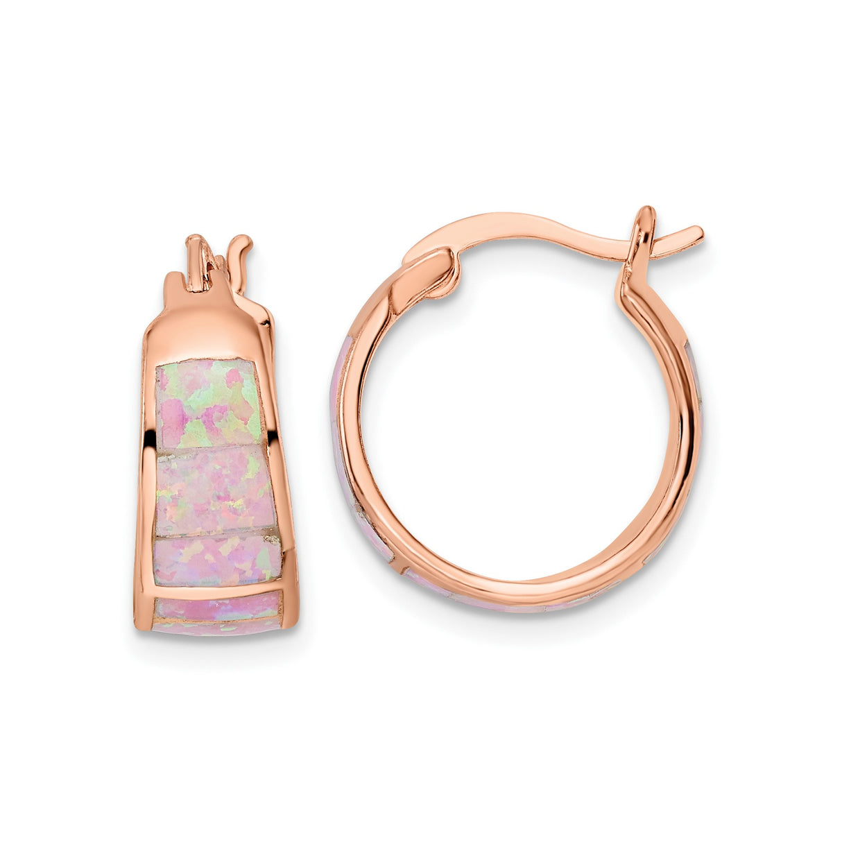 Sterling Silver Rose Gold Plated Hoop Earrings with Pink Created Opal, Segmented Minimalist Design