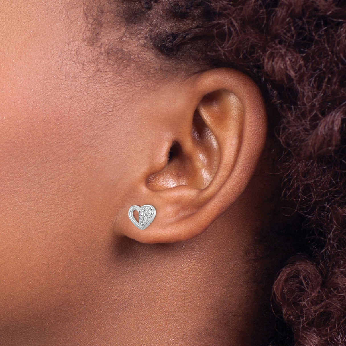 Sterling Silver Heart Stud Earrings with Open Heart Design and Cubic Zirconia Pave Setting