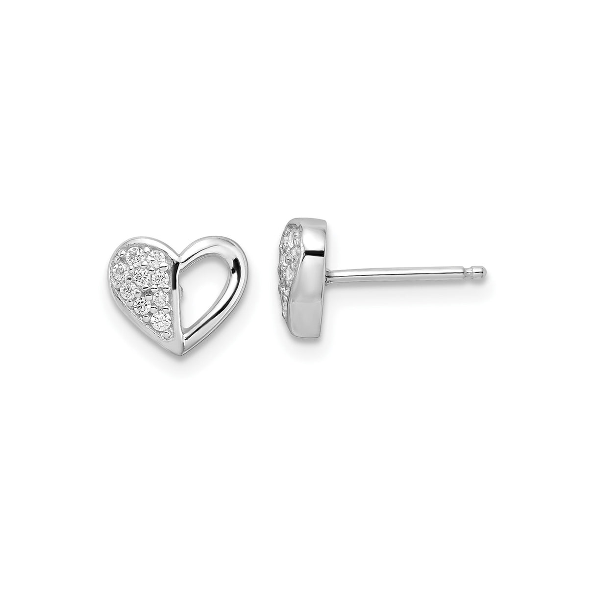 Sterling Silver Heart Stud Earrings with Open Heart Design and Cubic Zirconia Pave Setting