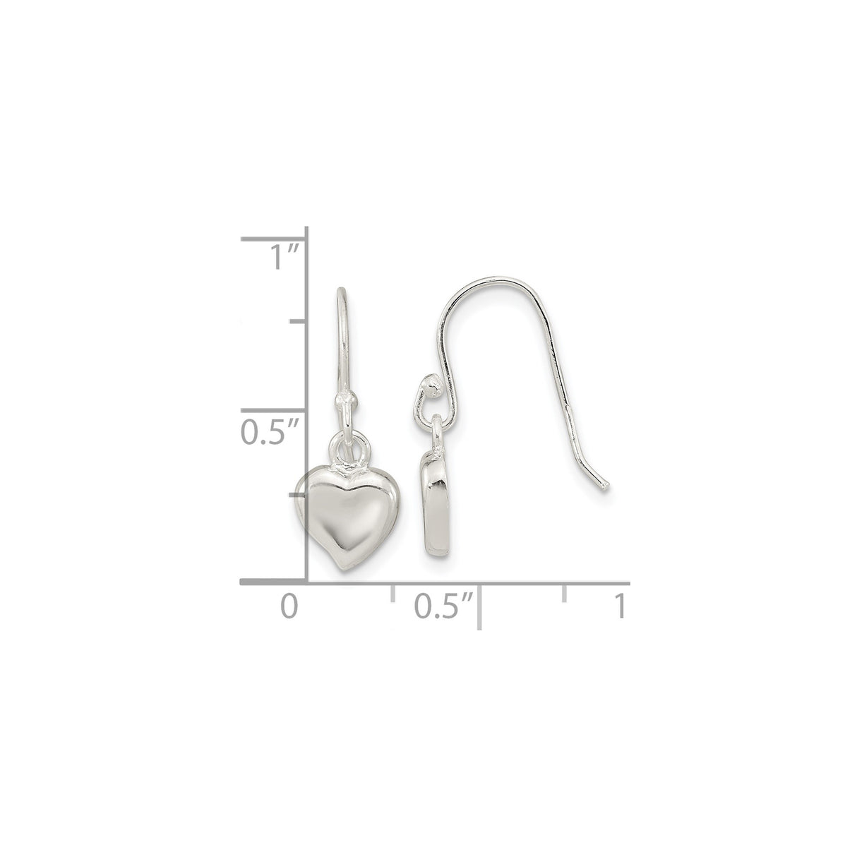 Sterling Silver Dangle Earrings with Polished Puff Heart Charm, Lightweight Hook Style for Women