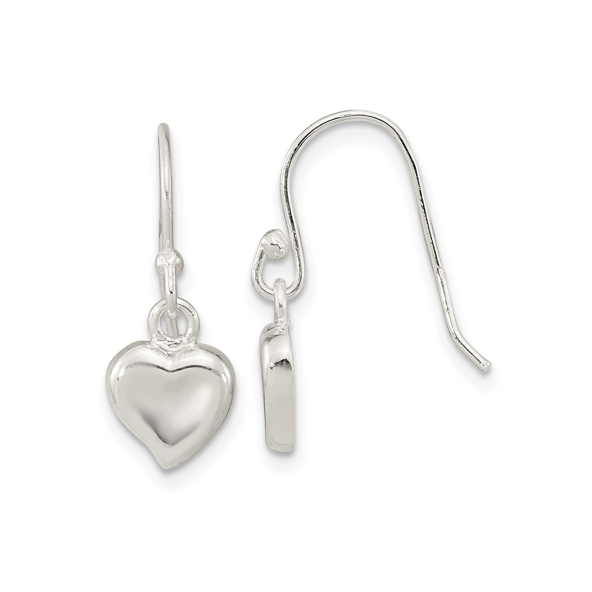 Sterling Silver Dangle Earrings with Polished Puff Heart Charm, Lightweight Hook Style for Women